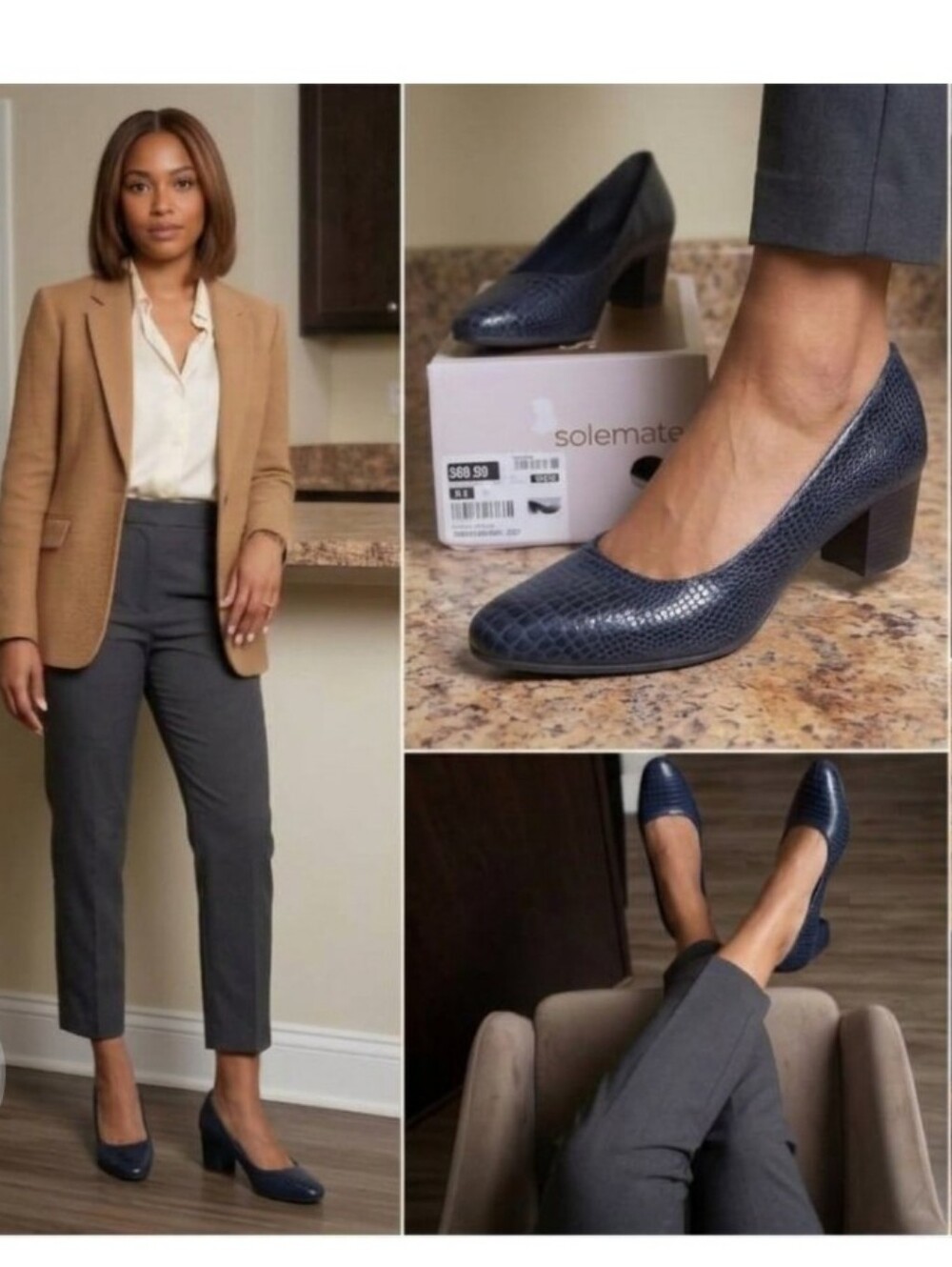 NWT Solemate Ybardowin Navy Blue Croc Embossed Block Heel Pumps Size 8.5